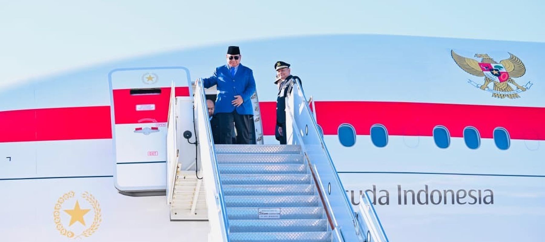 Presiden Republik Indonesia, Prabowo Subianto, tiba di Bandar Udara Internasional John F. Kennedy, New York, Amerika Serikat