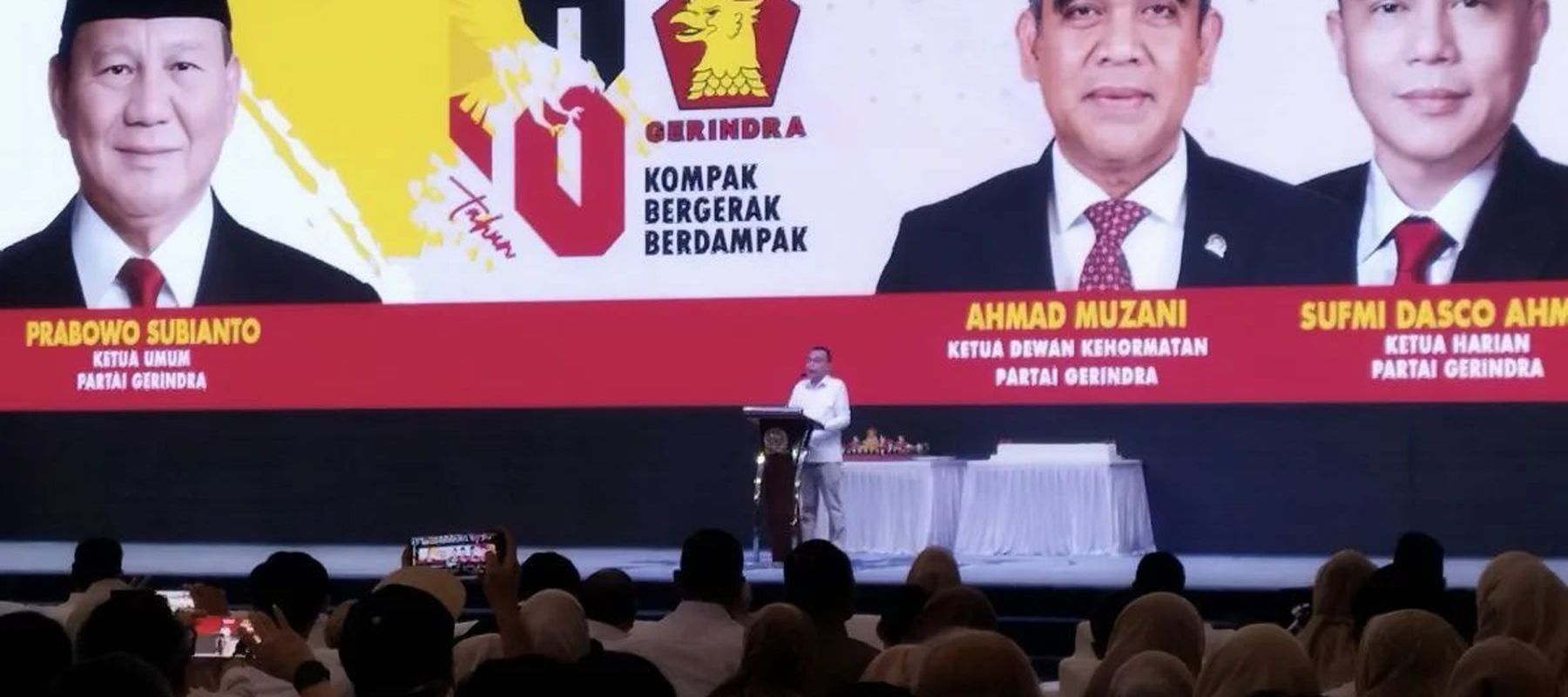 Ketua Harian Partai Gerindra Sufmi Dasco Ahmad saat pidato di HUT Ke-18 Partai Gerindra di kompleks parlemen, Jakarta, Jumat, 6 Februari 2026. ANTARA/Bagus Ahmad Rizaldi