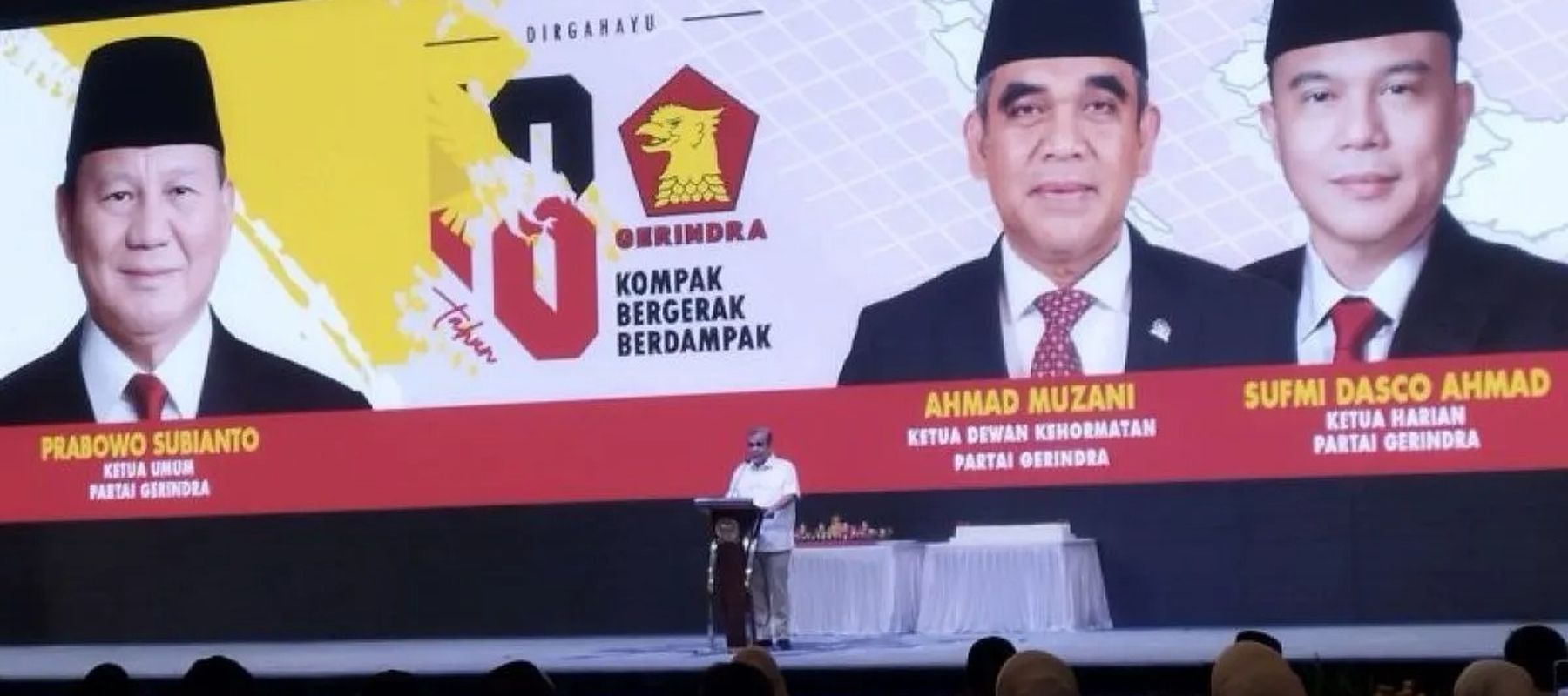 Ketua Dewan Kehormatan Partai Gerindra Ahmad Muzani berpidato dalam acara HUT Ke-18 Partai Gerindra di kompleks parlemen, Jakarta, Jumat, 6 Februari 2026. ANTARA/Bagus Ahmad Rizaldi