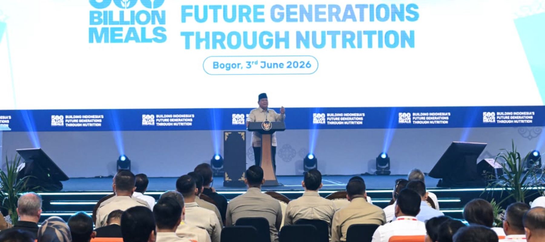 Prabowo Subianto pada acara Building Indonesia&rsquo;s Future Generations Through Nutrition di Sentul International Convention Center (SICC), Kabupaten Bogor, Jawa Barat