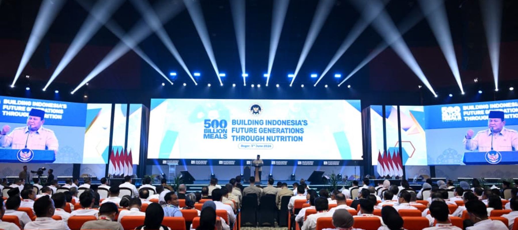 Prabowo Subianto pada acara Building Indonesia&rsquo;s Future Generations Through Nutrition di Sentul International Convention Center (SICC), Kabupaten Bogor, Jawa Barat