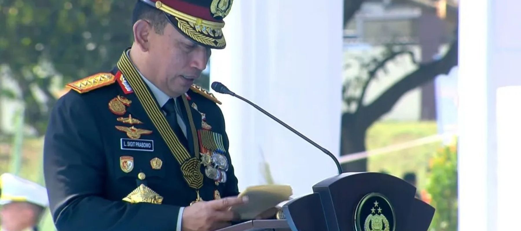 Tangkapan layar - Kapolri Jenderal Pol. Listyo Sigit Prabowo berbicara dalam upacara peringatan Hari Bhayangkara Ke-80 di Satlat Brimob, Cikeas, Bogor, Jawa Barat, Rabu, 1 Juli 2026.