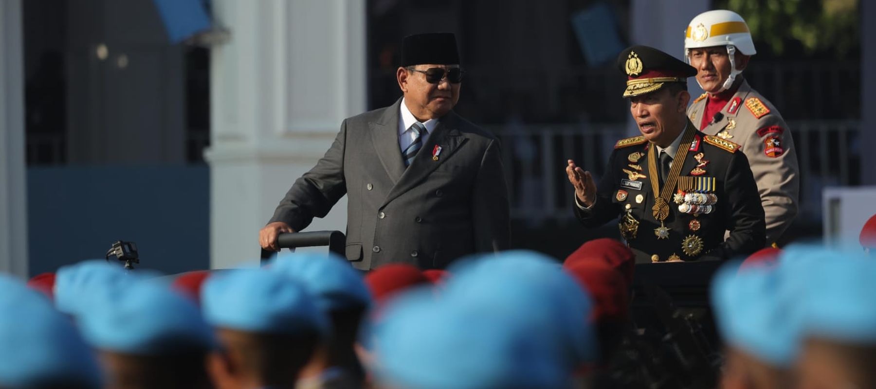 Presiden Prabowo Subianto menyampaikan amanat saat Upacara Peringatan HUT Ke-80 Bhayangkara di Satlat Brimob Polri, Cikeas, Kabupaten Bogor, Rabu, 1 Juli 2026