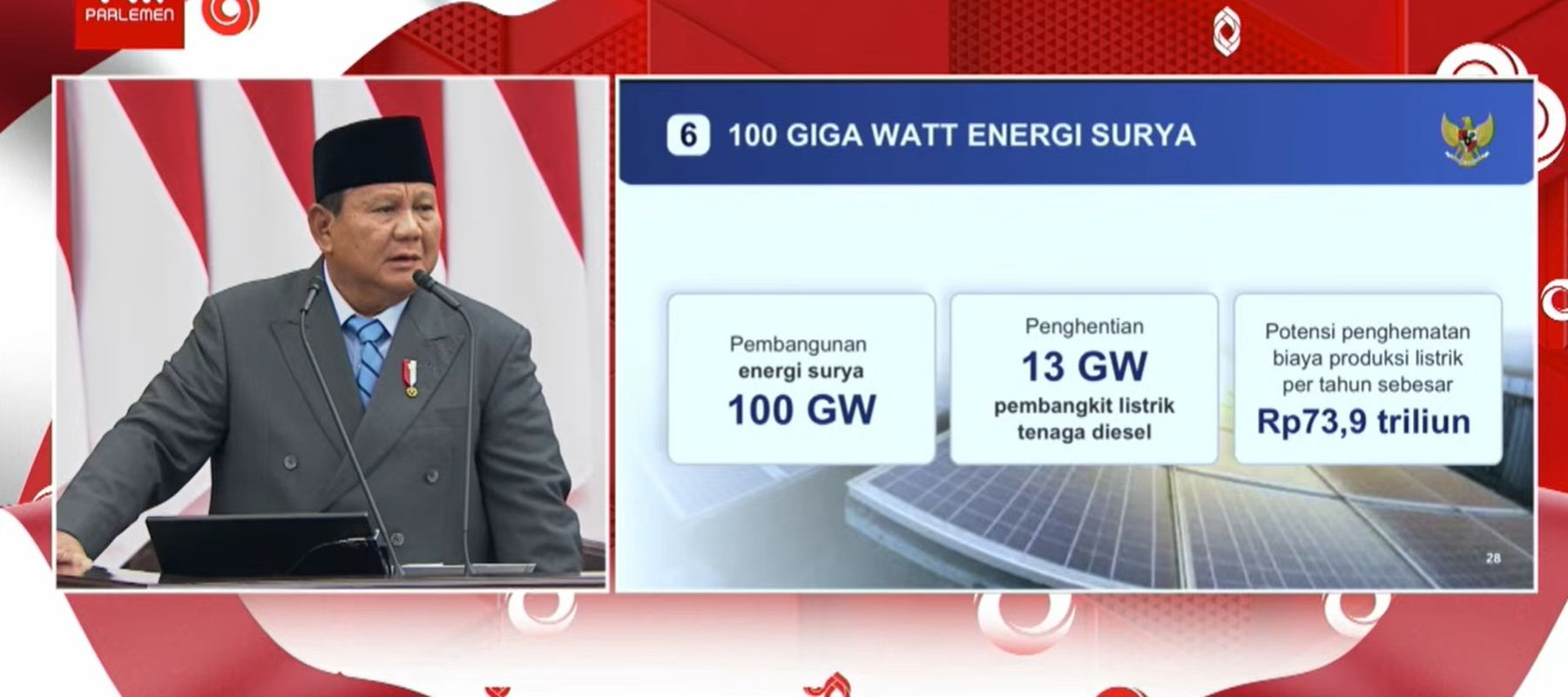 Presiden Prabowo Subianto menyampaikan pidato Nota Keuangan dan RAPBN 2027 di Gedung DPR/MPR, Jakarta, Jumat, 14 Agustus 2026, terkait energi surya. 
