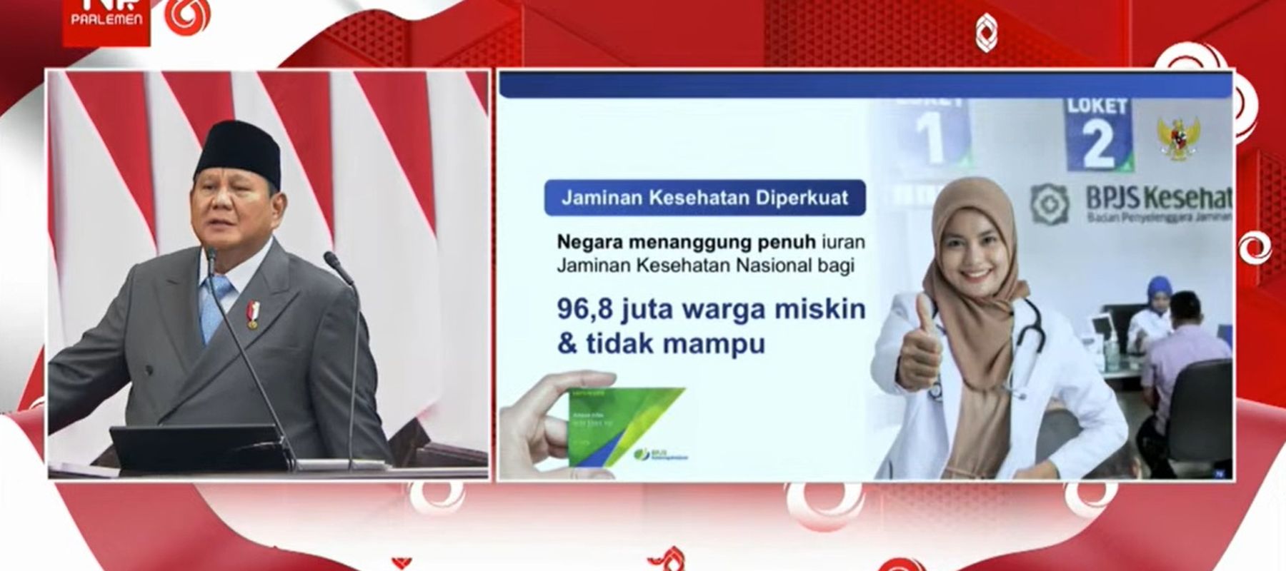 Presiden Prabowo Subianto saat pidato kenegaraan di DPD, DPR, MPR RI, Jumat, 14 Agustus 2026, terkait jaminan kesehatan warga. 
