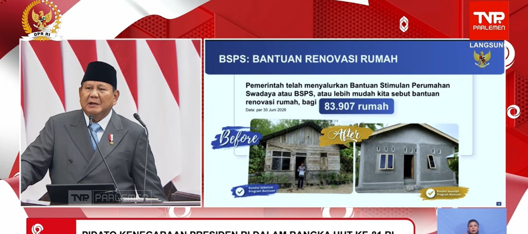 Presiden Prabowo Subianto saat pidato kenegaraan di DPD, DPR, MPR RI, Jumat, 14 Agustus 2026. 
