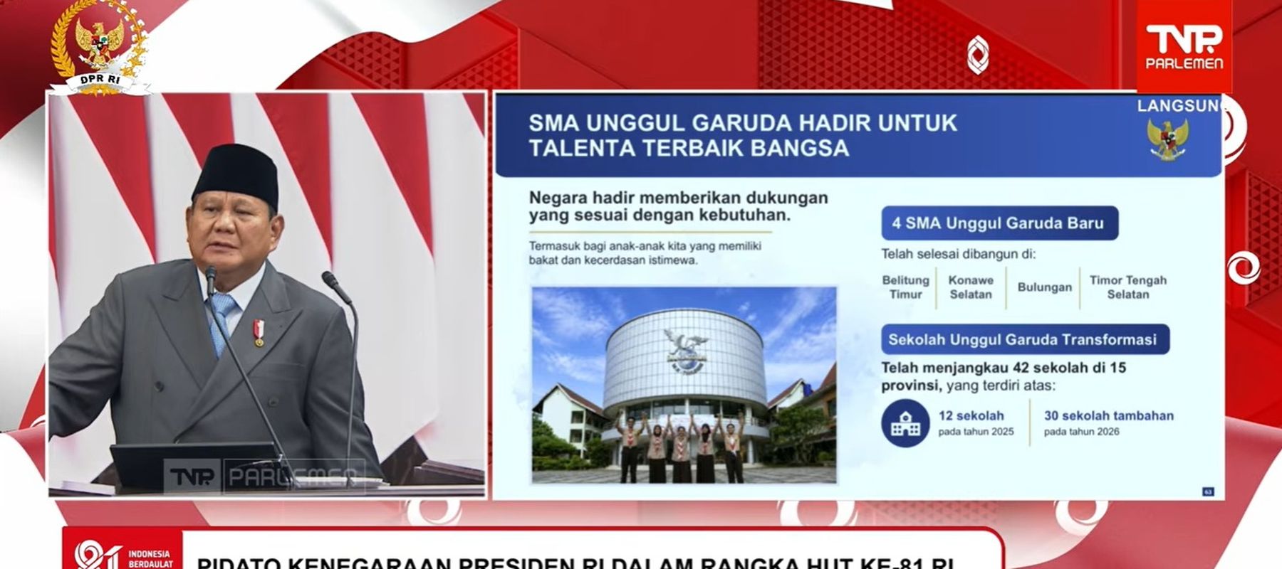 Presiden Prabowo Subianto saat pidato kenegaraan di DPD, DPR, MPR RI, Jumat, 14 Agustus 2026, terkait sekolah unggulan SMA Garuda. 