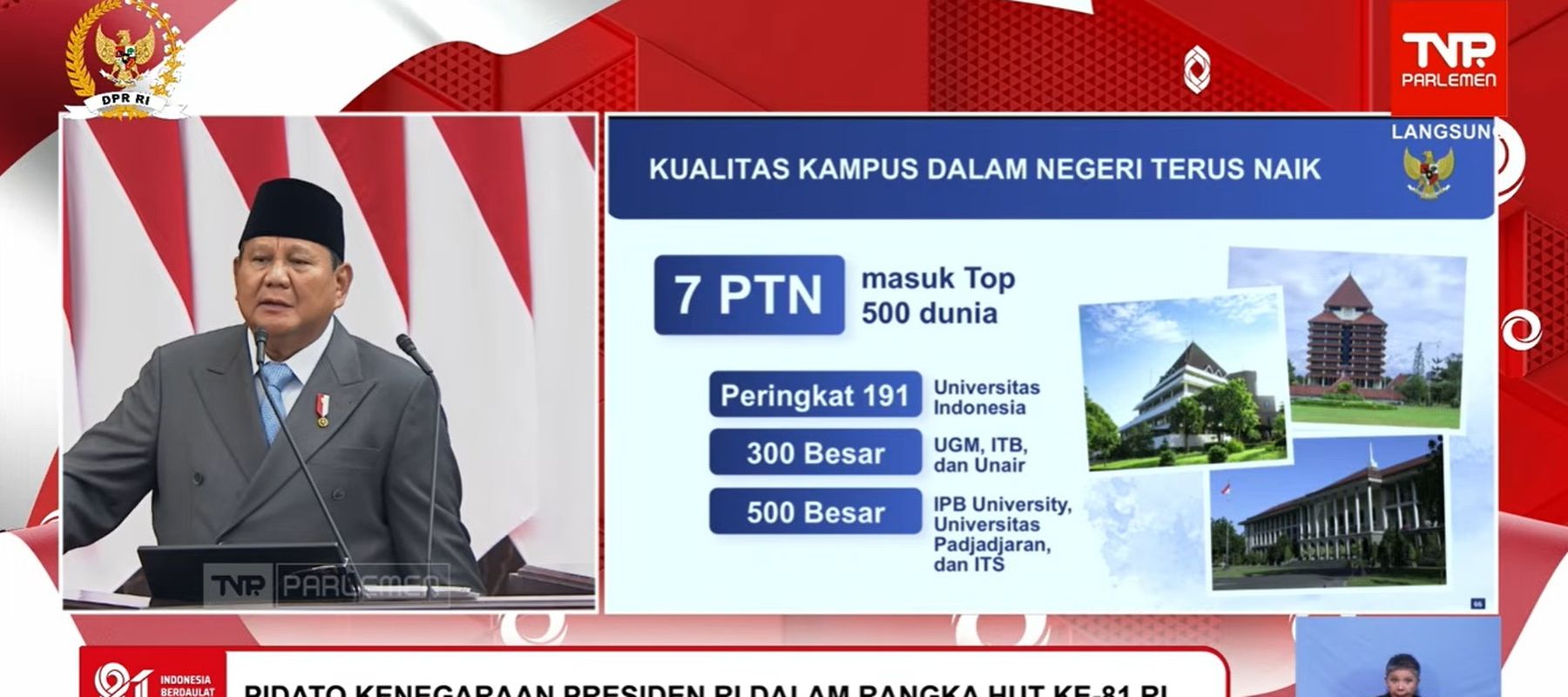 Presiden Prabowo Subianto saat pidato kenegaraan di DPD, DPR, MPR RI, Jumat, 14 Agustus 2026. 
