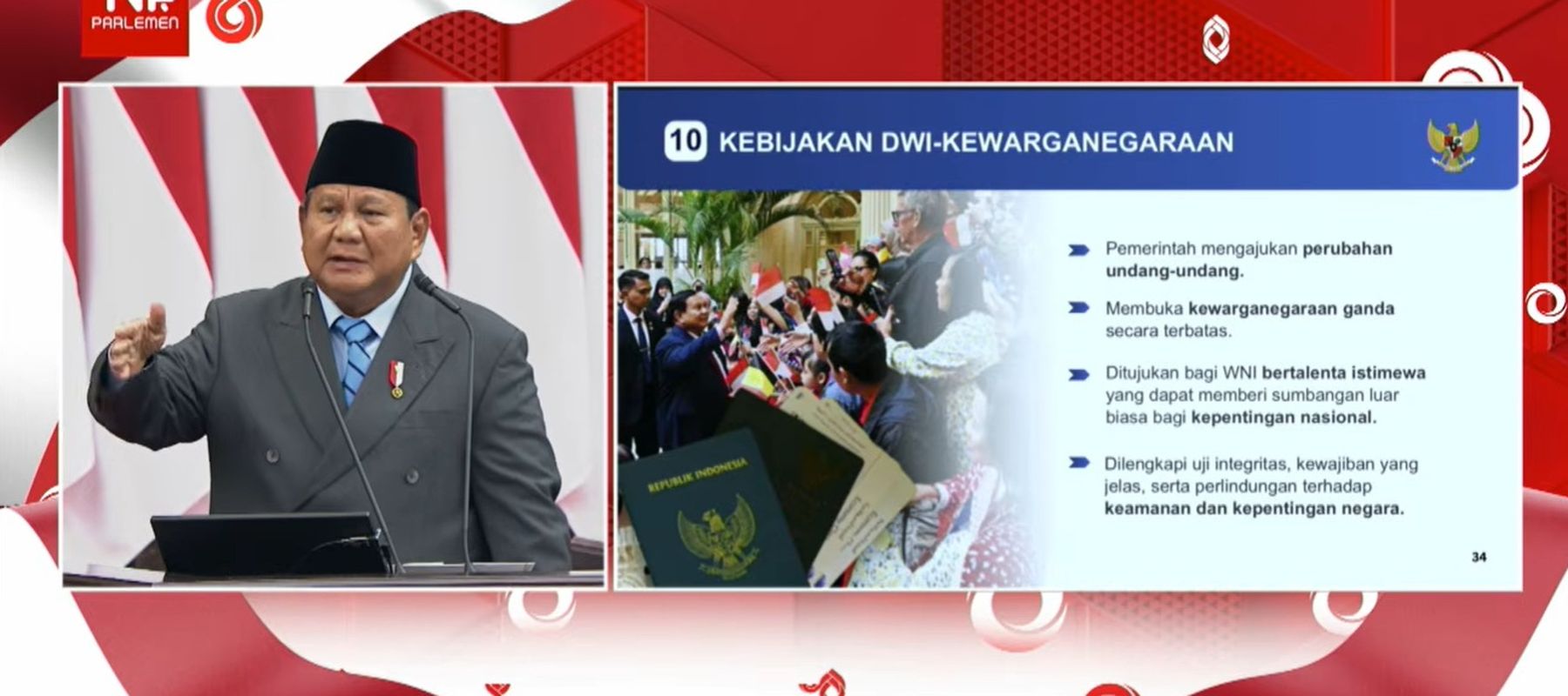 Presiden Prabowo Subianto menyampaikan pidato Nota Keuangan dan RAPBN 2027 di Gedung DPR/MPR, Jakarta, Jumat, 14 Agustus 2026, terkait kebijakan dua kewarganegaraan.  