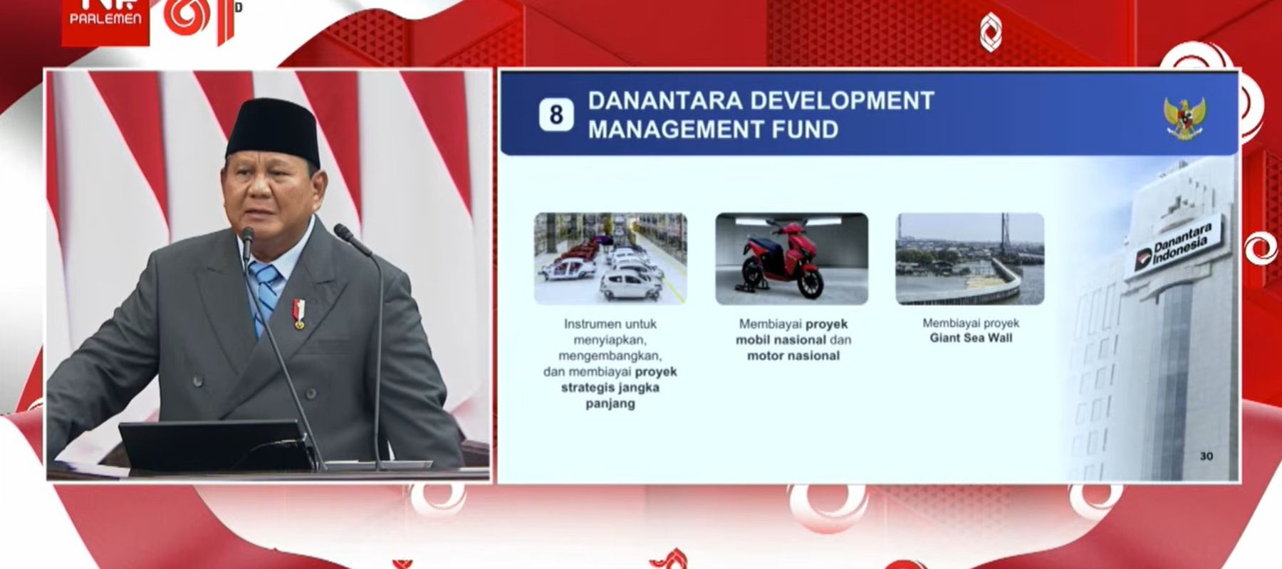 Presiden Prabowo Subianto menyampaikan pidato Nota Keuangan dan RAPBN 2027 di Gedung DPR/MPR, Jakarta, Jumat, 14 Agustus 2026, terkait Danantara Development Management Fund. 