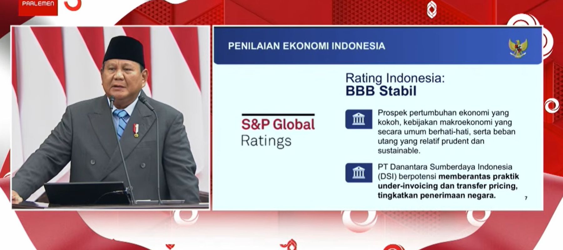 Presiden Prabowo Subianto menyampaikan pidato Nota Keuangan dan RAPBN 2027 di Gedung DPR/MPR, Jakarta, Jumat, 14 Agustus 2026, terkait penilaian dunia akan ekonomi Indonesia. 