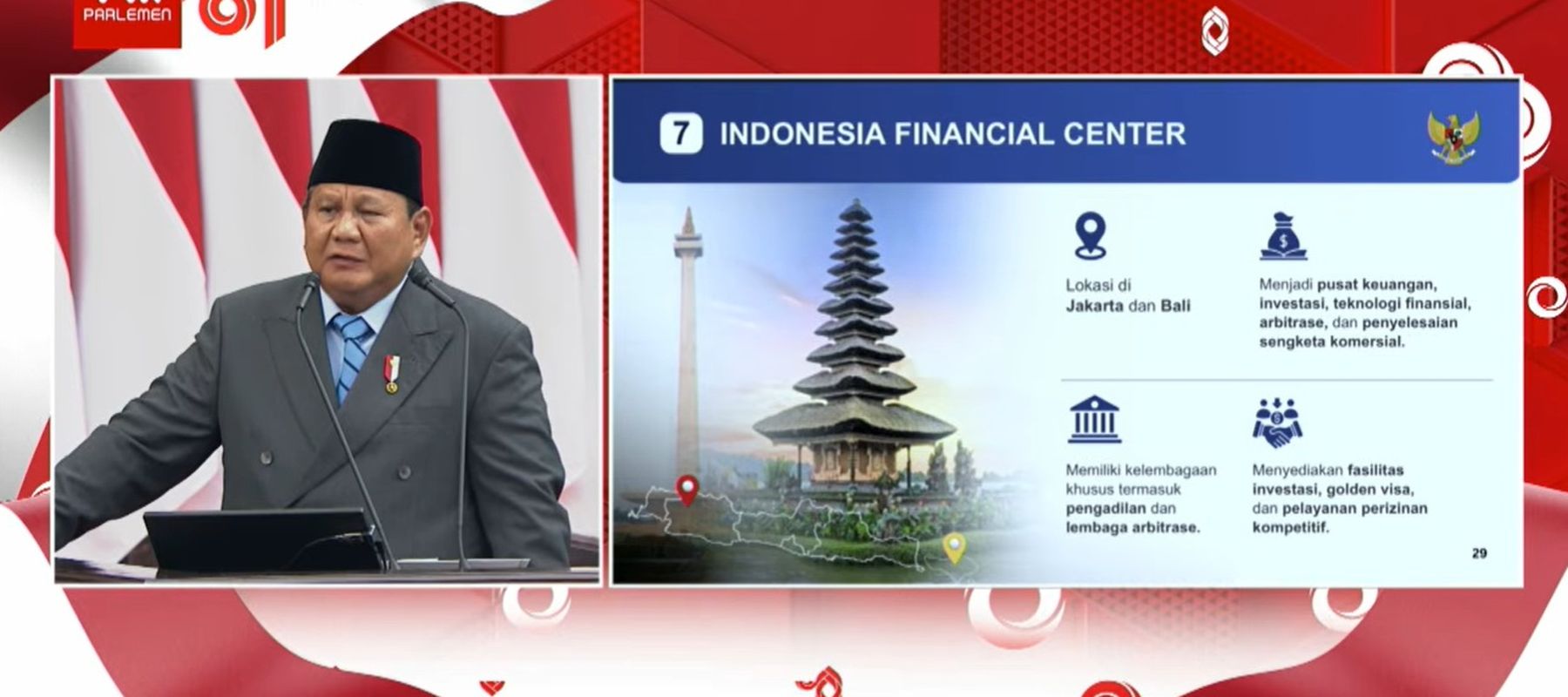 Presiden Prabowo Subianto menyampaikan pidato Nota Keuangan dan RAPBN 2027 di Gedung DPR/MPR, Jakarta, Jumat, 14 Agustus 2026 terkait Indonesia Financial Center. 