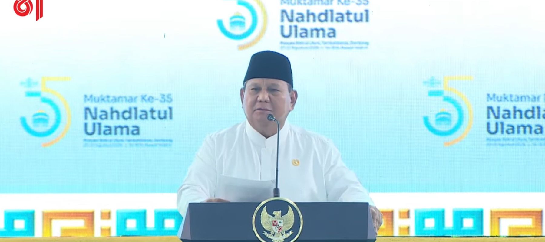 Presiden Prabowo Subianto menghadiri pembukaan Muktamar ke-35 Nahdlatul Ulama (NU) di Jombang, Jawa Timur