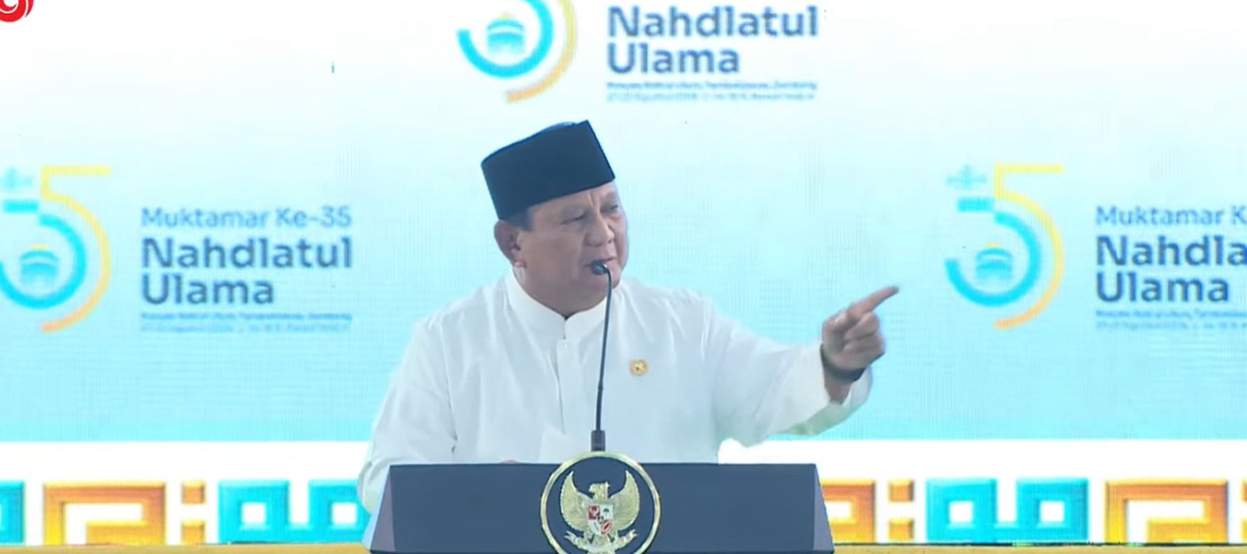 Presiden Prabowo Subianto menghadiri pembukaan Muktamar ke-35 Nahdlatul Ulama (NU) di Jombang, Jawa Timur