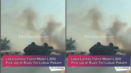 VIDEO: Mobil L300 Terguling Terbakar di Jalan Raya