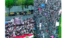 Ribuan massa dari berbagai koalisi menggelar aksi Solidaritas Bela Palestina di depan Kedubes AS, Jakarta Pusat. Mereka mengecam tindakan Israel yang selama ini telah membumihanguskan Rafah, di Jalur Gaza Selatan sejak awal Mei 2024. 
