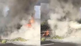 Sebuah pickup pengangkut sayuran terbakar di Tol Jagorawi KM 1-400 A Jago, pada Senin (10/6/2024) sore. Peristiwa ini sempat menyebabkan kemacetan di sekitar lokasi kejadian.