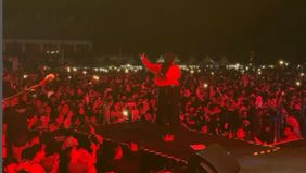 Tantri Kotak terjatuh dari atas panggung saat konser akibat ditarik oleh penonton di Cianjur, Jawa Barat, pada Sabtu, 13 Juli 2024 malam.