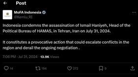 Indonesia mengecam keras atas pembunuhan yang terjadi pada Ismail Haniyeh, pemimpin biro politik organisasi perlawanan Palestina Hamas di Teheran, Iran, pada Rabu, 31 Juli 2024.