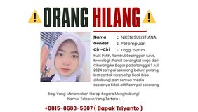 Seorang wanita bernama Niken Sulistiana dilaporkan hilang sejak tanggal 1 Juli 2024. Terakhir kali, Niken pamit berangkat kerja dari Cikarang menuju Bogor. Hingga saat ini, Niken belum kembali ke rumah dan tidak dapat dihubungi melalui telepon maupun