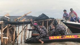 TNI Angkatan Laut (TNI AL) Bekerja Sama Dengan Masyarakat Melakukan Pembongkaran Pagar Laut di Kawasan Tanjung Pasir.
