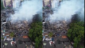 Kondisi pasca kebakaran permukiman warga di Jalan Kemayoran Gempol, Kelurahan Kebon Kosong, Kecamatan Kemayoran, Jakarta Pusat pada Selasa pagi.