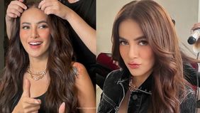 Olla Ramlan terlihat percaya diri dengan tampilan terbarunya memakai tanktop hitam dan memiliki tato besar dibagian bahunya.