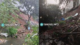 Tanah longsor dilaporkan terjadi di Jalan Matahari 5 Blok H3, RT 04 RW 09, kawasan Puri Pamulang, Tangerang Selatan, pada Senin sore, 7 Juli 2025.