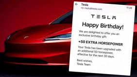 Tertulis Ucapan Selamat Ulang Tahun Lengkap Dengan Klaim Jika Kendaraan Tesla Mereka Telah Ditingkatkan Performanya Secara Otomatis.