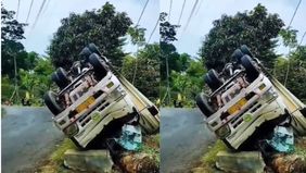 Diduga Akibat Rem Blong, Mobil bermuatan Minuman, Hilang kendali Hingga terbalik di Jalur Cikidang tempatnya di dkt Situ Panyindangan Kebun Pisang. Jum’at, 11/07/2025.
