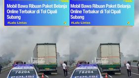 Kebakaran menghanguskan seluruh isi muatan kendaraan berupa ribuan paket barang belanja online yang ludes dilalap api. Asap hitam pekat sempat membumbung tinggi, membuat arus lalu lintas di lokasi tersendat.