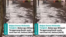 Pasca hujan deras pada sore ini, timbulnya genangan banjir dibeberapa wilayah Tangsel, Selasa (16/9).