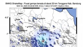 Badan Meteorologi, Klimatologi, dan Geofisika (BMKG) mencatat sembilan kali gempa bumi mengguncang Kabupaten Bandung, Jawa Barat, pada Kamis, 20 November 2025 dini hari.