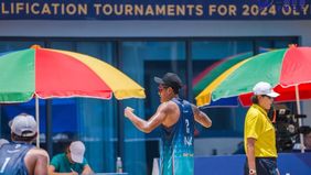 Tim nasional voli pantai putra Indonesia mengamankan kemenangan telak 2-0 (21-8, 21-8) atas Laos pada babak penyisihan grup SEA Games Thailand 2025 di Sport Arena Jomtien Beach, Chonburi, Jumat, 12 Desember 2025.
