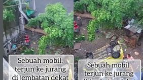 Sebuah mobil, terjun bebas ke jurang di Jembatan dekat PT Semen Jakarta Ciwandan, Kota Cilegon, Kamis sore 18 Desember 2025. Korban sudah di bawa ke RS Hermina Cilegon.