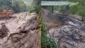 Banjir bandang menerjang lokasi kawasan wisata pemandian air panas Guci di Kabupaten Tegal, Provinsi Jawa Tengah pada Sabtu 20 Desember 2025.