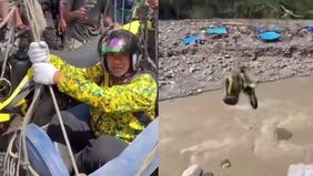 Beredar video wakil Bupati Aceh nyaris terjadi ke sungai, usai tali sling yang dinaikinya terputus.