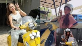 Lisa Mariana diajak sunmori bareng Aura Kasih dengan motor vespa matic berwarna kuning.