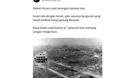 Sebuah unggahan yang beredar di media sosial X menampilkan sebuah foto yang diklaim sebagai gambaran kehancuran wilayah Israel akibat serangan ribuan rudal Iran.