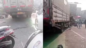 Sebuah truk ekspedisi diduga hilang kendali dan menghantam sejumlah sepeda motor yang tengah berhenti di lampu merah di Jalan Cut Meutia, dekat simpang Universitas Islam &ldquo;45&rdquo; (Unisma), Kelurahan Margahayu, Kecamatan Bekasi Timur, Kota Bekasi, Senin (