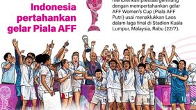 Infografik ini menampilkan keberhasilan Timnas Putri Indonesia mempertahankan gelar juara Piala AFF Putri (AFF Women's Cup) 2026 setelah mengalahkan Laos dengan skor telak 5-0 pada partai final yang berlangsung di Stadion Kuala Lumpur, Malaysia, Rabu