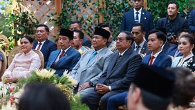 Prabowo Subianto menghadiri acara pernikahan putra pengusaha nasional Garibaldi "Boy" Thohir, Gemma Abdurrahman Thohir, dengan Keelie Gunawan Sosilo yang digelar di Hutan Kota Plataran, Senayan, Jakarta