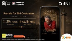 PT Bank Negara Indonesia (Persero) Tbk atau BNI membuka exclusive presale tiket Andrea Bocelli &ldquo;Romanza - 30th Anniversary World Tour&rdquo; melalui tiket.com mulai Jumat, 21 Agustus 2026 pukul 13.00 WIB hingga Senin, 24 Agustus 2026 pukul 13.00 WIB.