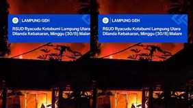 Dalam video yang diterima Lampung Geh, kobaran api terlihat membubung tinggi disertai kepulan asap tebal di area kompleks rumah sakit.