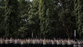 Apel kesiapan yang diikuti 11.261 personel untuk mengamankan kegiatan penyampaian pendapat oleh elemen buruh di kawasan Gedung DPR/MPR, Jakarta Pusat, Selasa, 6 Oktober 2026.