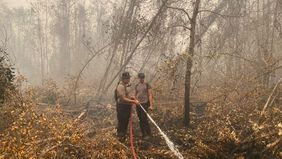 Personel Satgas Karhutla Satbrimob Polda Kalteng terus melakukan upaya penanganan kebakaran hutan dan lahan (Karhutla) dengan melaksanakan pembasahan di sejumlah titik panas yang berada di Desa Tanjung Taruna, Kabupaten Pulang Pisau.