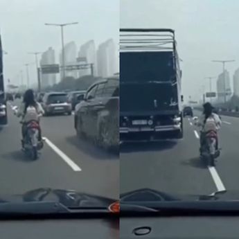 Viral Ibu-ibu Nekat Pakai Sepeda Motor Masuk Tol Wiyoto-Wiyono