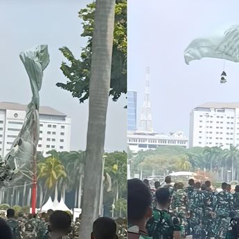 Momen Penerjun TNI Nyangkut di Tiang Lampu saat Latihan HUT TNI ke-79