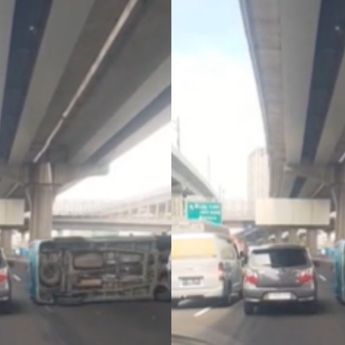 Kecelakaan, Taksi Blue Bird Terjungkal di Tol Jakarta-Cikampek Km 12 Arah Jakarta