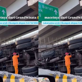 Truk Terguling di Ruas Tol Jakarta - Cikampek Pagi Ini